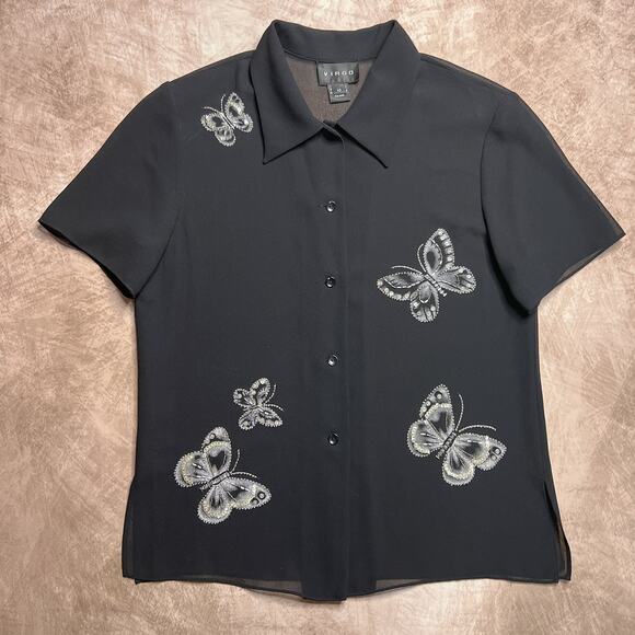 Vintage 90s Virgo Sheer Beaded Butterfly Button Up Shirt Black Sequin Fairy Goth - Picture 1 of 11